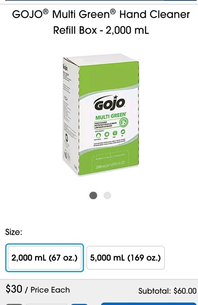 GOJO Wall Mounted Soap Dispenser With 2 Multi Green Soap Refills 2000ml Ea