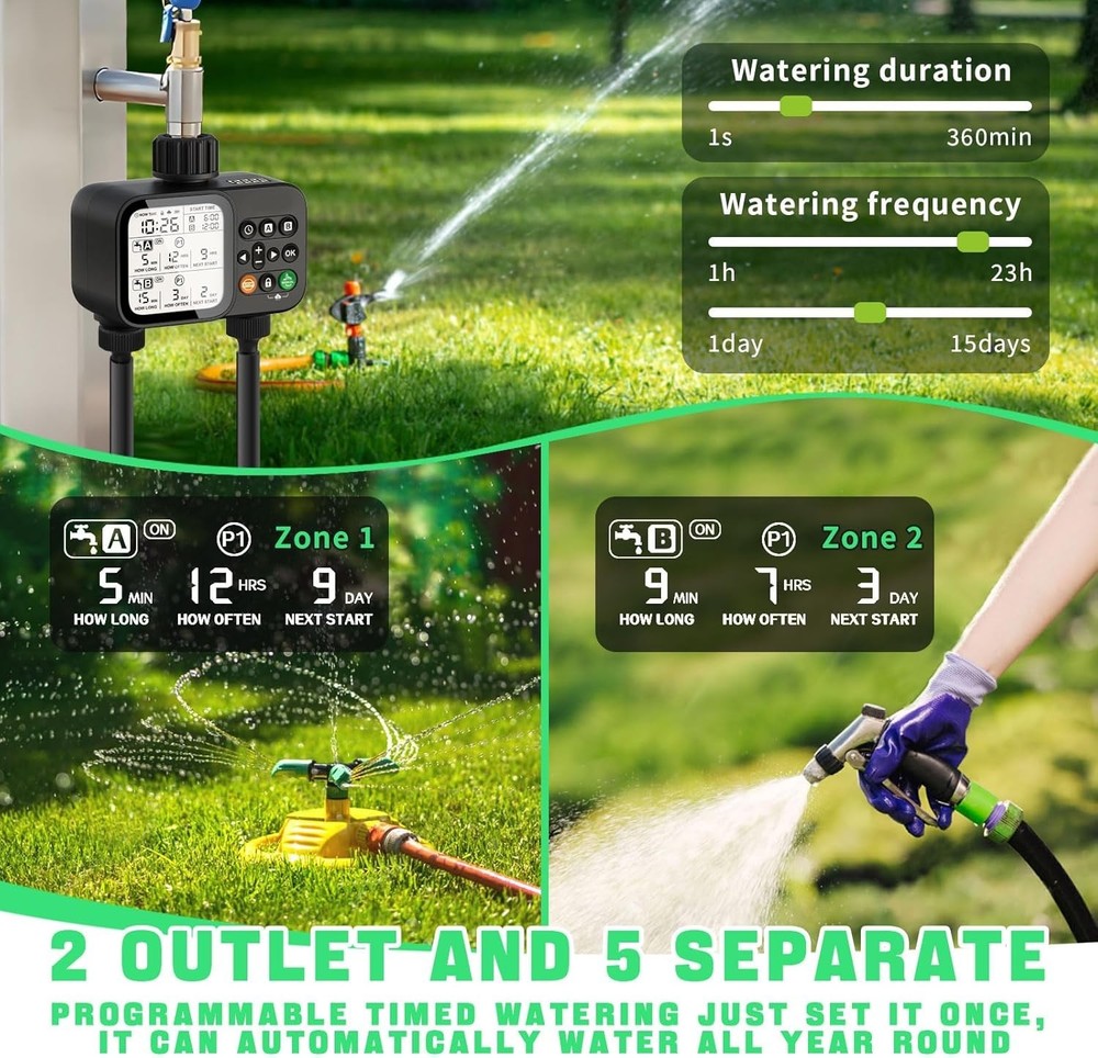 Water Hose Timer 2-Zone Waterproof LCD Garden Irrigation System Black