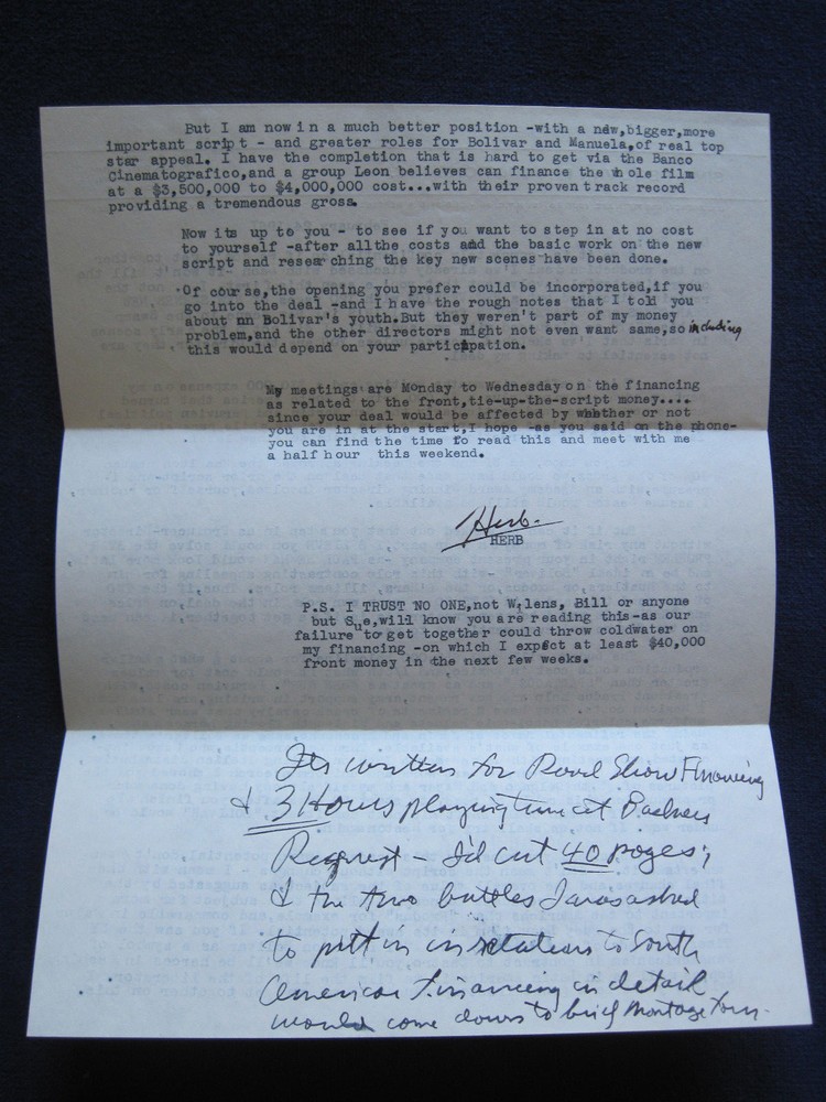 BOLIVAR Script - Director. ROBERT ROSSEN'S COPY with Letter from HERBERT KLINE
