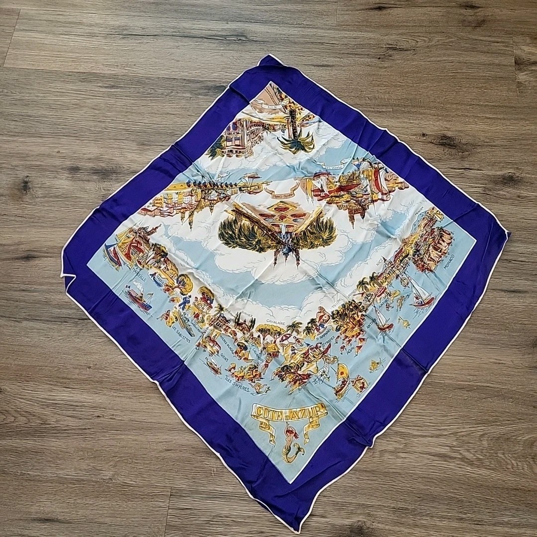 Vtg 50s/60s Côte d'Azur Silk Souvenir Scarf - French Riviera Map Mermaid 30"