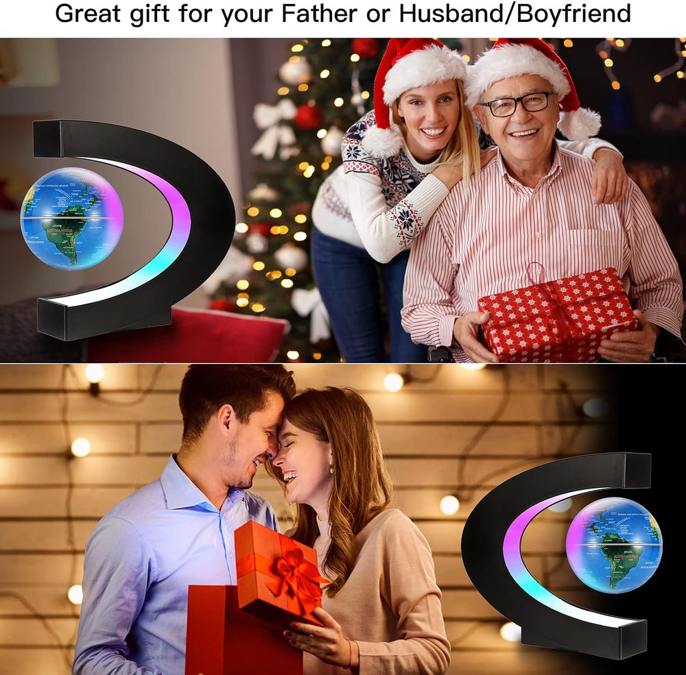 Magnetic Levitating Floating World Map Globe, C Shape Display Frame with LED Lig