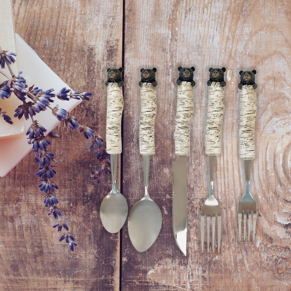 Whimsical Bear Cubs Resin Birch Tree Decorative Flatware 5pc Set