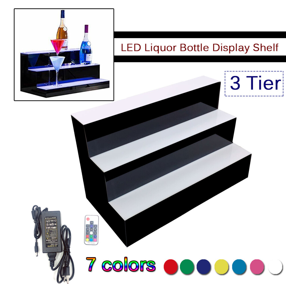 24" 3 Tier Step - RGB LED Lighted Back Bar Liquor Bottle Shelf Display Stand NEW