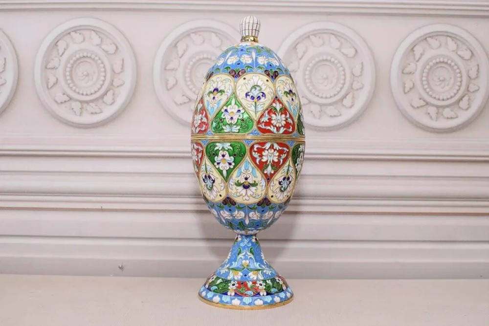 Very Large Silver Egg - Enamel and Gilded Egg - Antique Silver Art Work