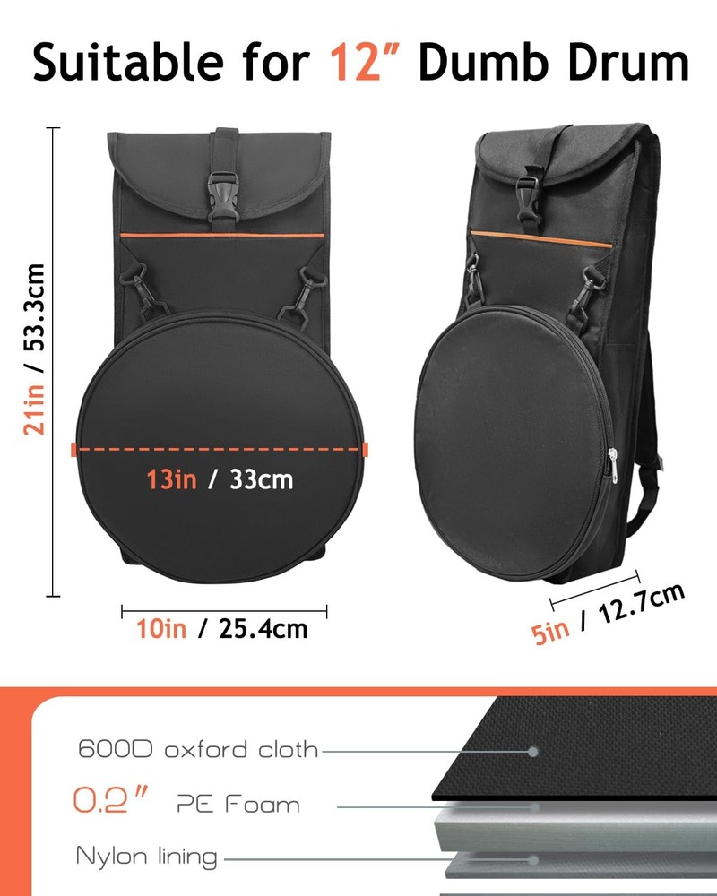 Silent Drum Pad Bag for 12 Inch, Practice Drum Pad Set Backpack