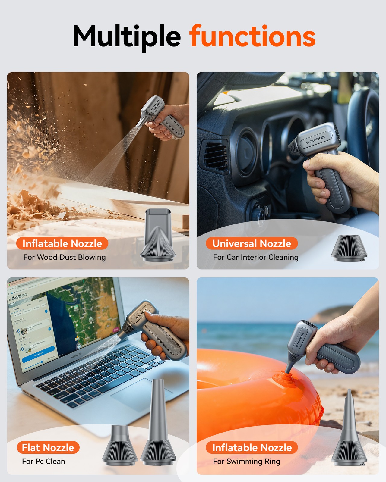 WOLFBOX DF60 110000RPM Compressed Air Duster 3-Speed w/ 5 Nozzles, Fast Charging