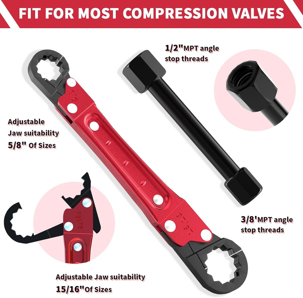 Plumbing Tools Angle Stop Wrench Kit - 3-Piece Plumber Tool Set with Threaded Dr