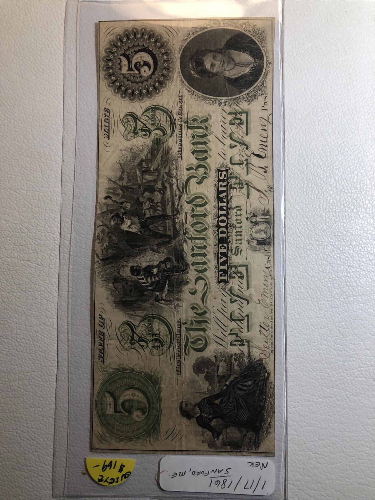 obsolete currency The Sanford Bank, Maine 1861 $5 S/n 481