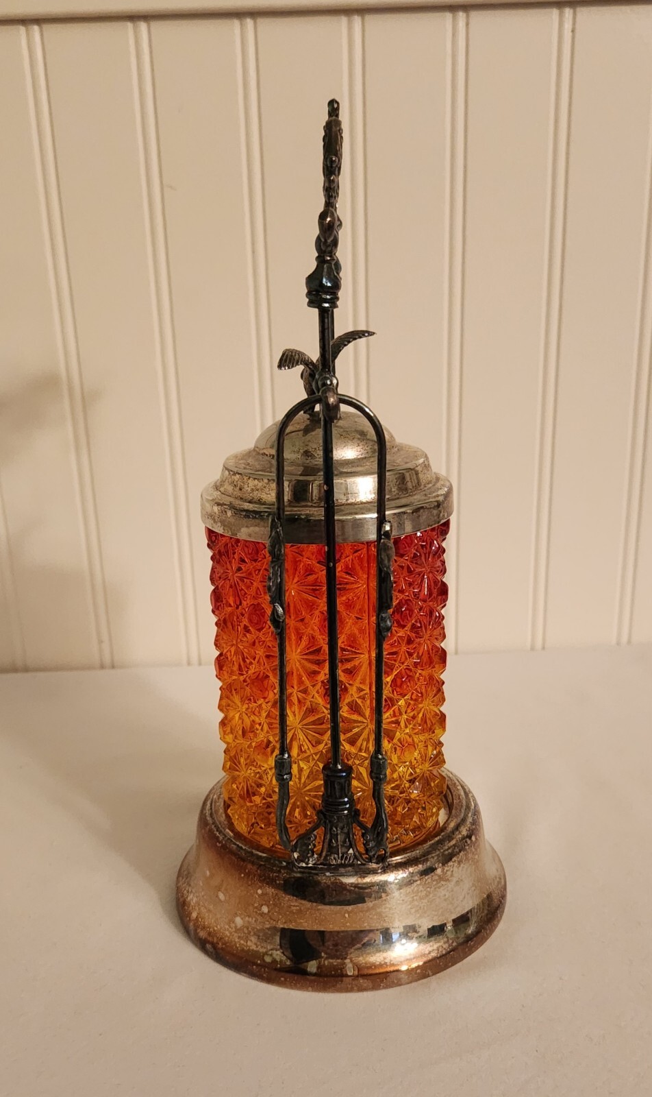 Antique Victorian Amberina Glass Daisy Button Pickle Castor Ornate Eagle Finial