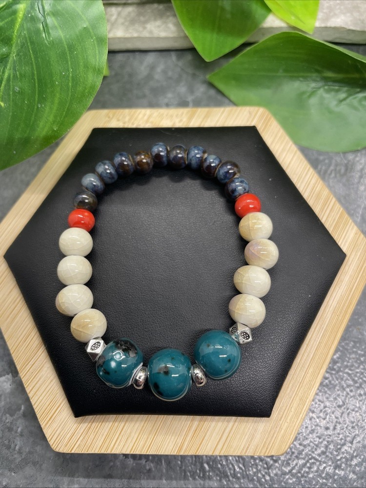 Handmade Ceramic Bead Beaded Stackable 6” Plus Stretch Bracelet New B311