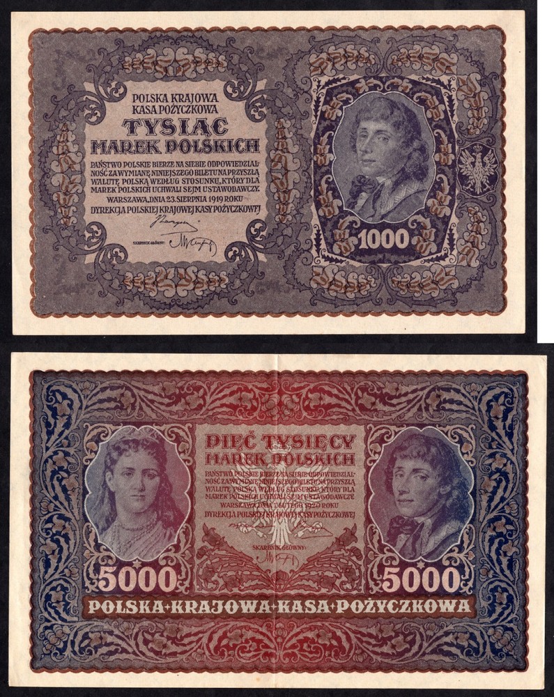 Poland Set 2 Banknotes 1000, 5000 Marek 1919-1920 * EF-Unc *