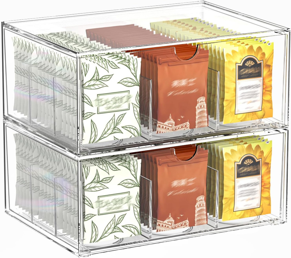 2 Pack Clear Tea Bag Organizer, Stackable Drawer Organizer with Dividers for Pan