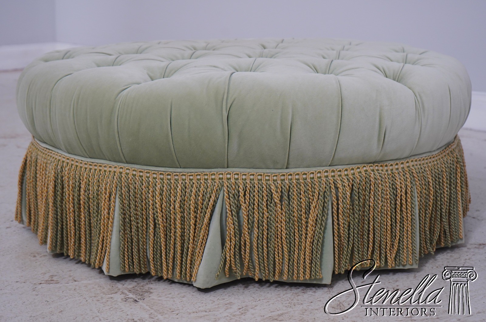71656: BAKER Round Green Velvet Style Upholstered Ottoman