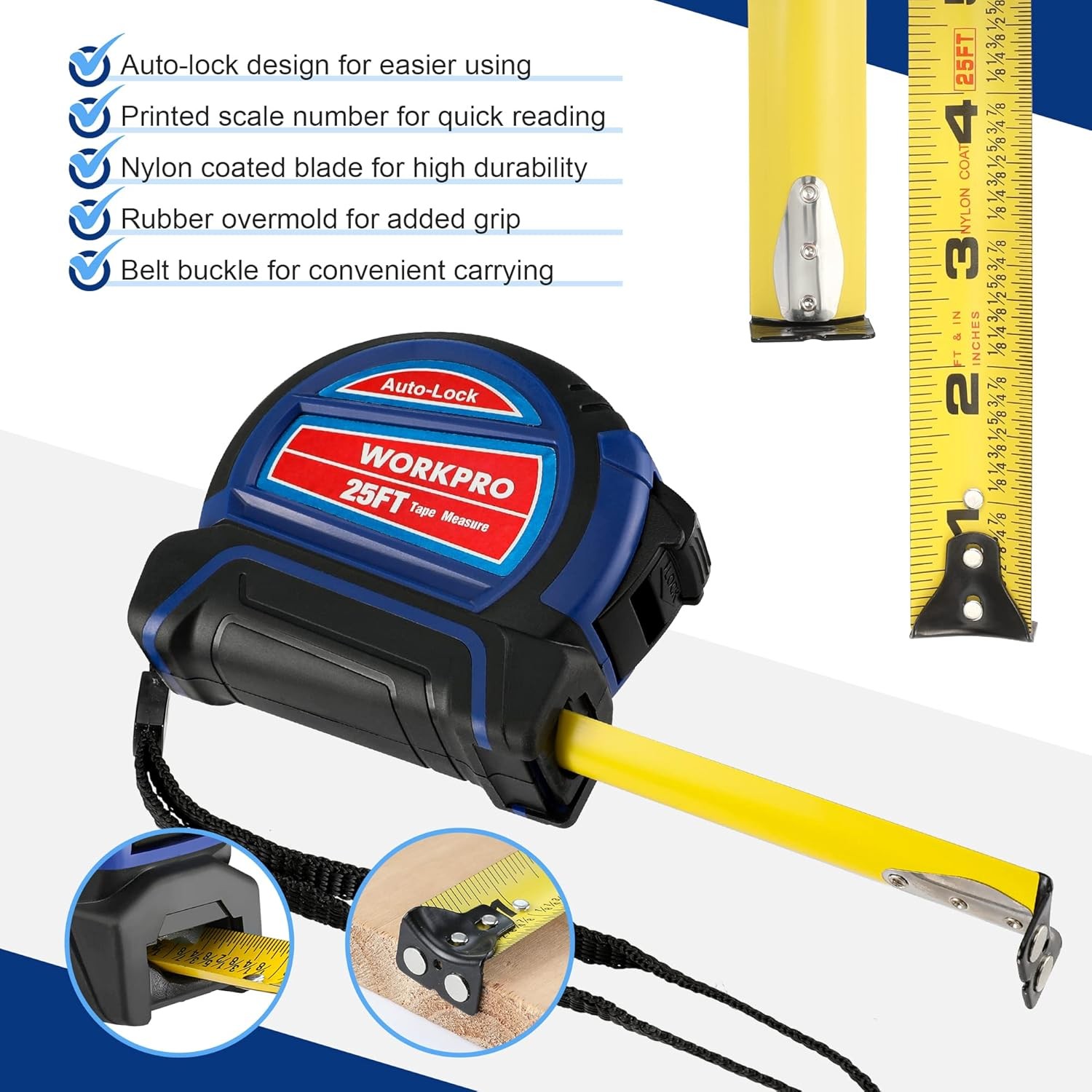 WORKPRO 25 FT Auto-Lock Tape Measure Magnetic Hook Fractions 1/8" 1/32" Accuracy