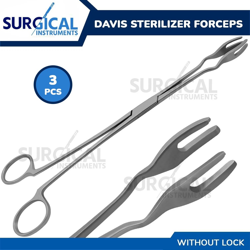 3 Pcs Davis Sterilizer Forceps 10" 4 Prongs Without Lock Stainless German Grade