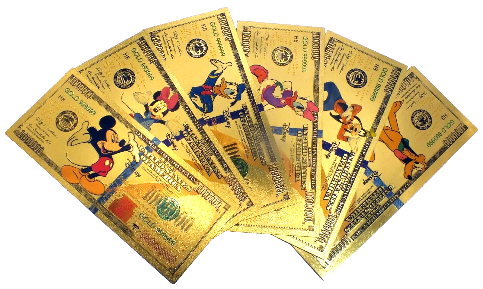 Mickey Mouse Minnie Daisy Donald Goofy Pluto Disney 24K Gold Foil Note Set GFS13