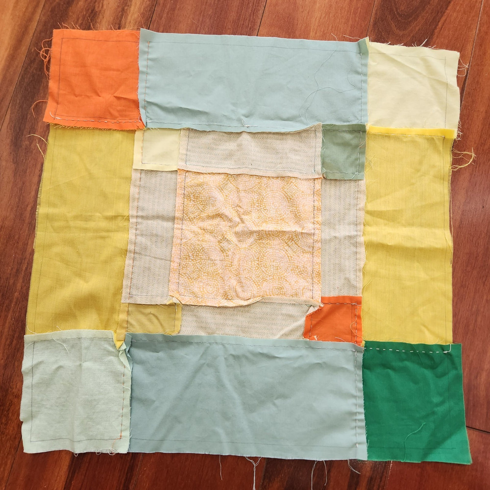 Patchwork Throw Pillow Square Block Quilt Front Yellow Blue Orange Green ~ 18x18