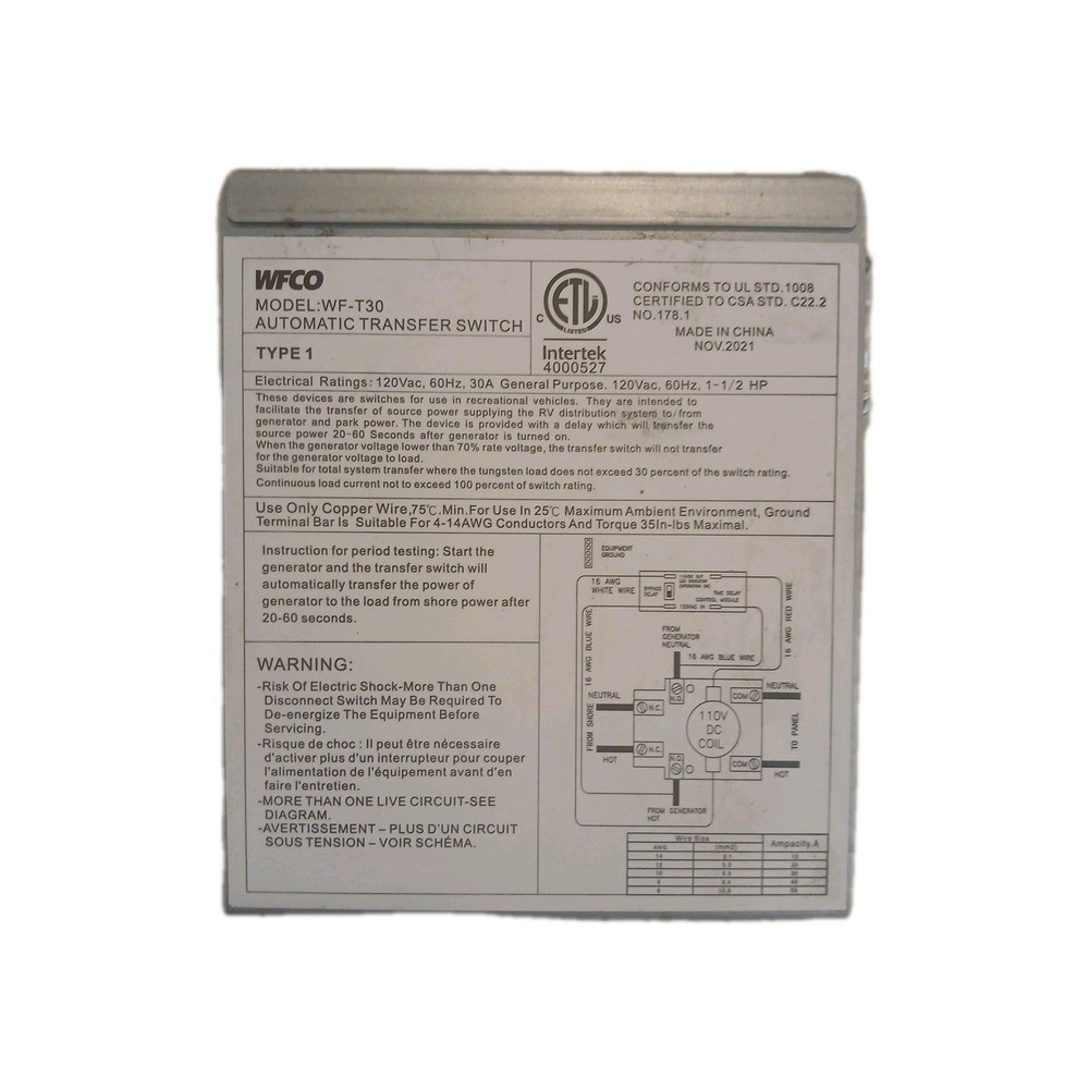 WFCO WF-T30 Automatic Transfer Switch
