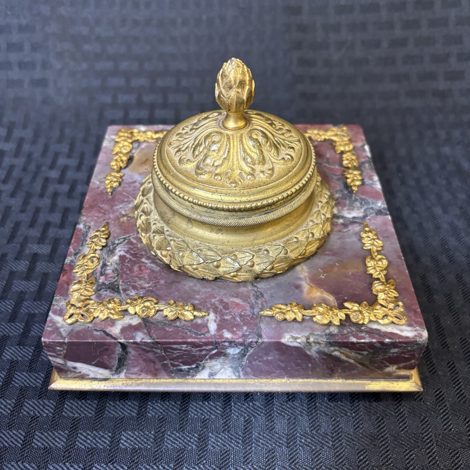 Antique French Rouge Marble Gilt Bronze Inkwell Empire Style