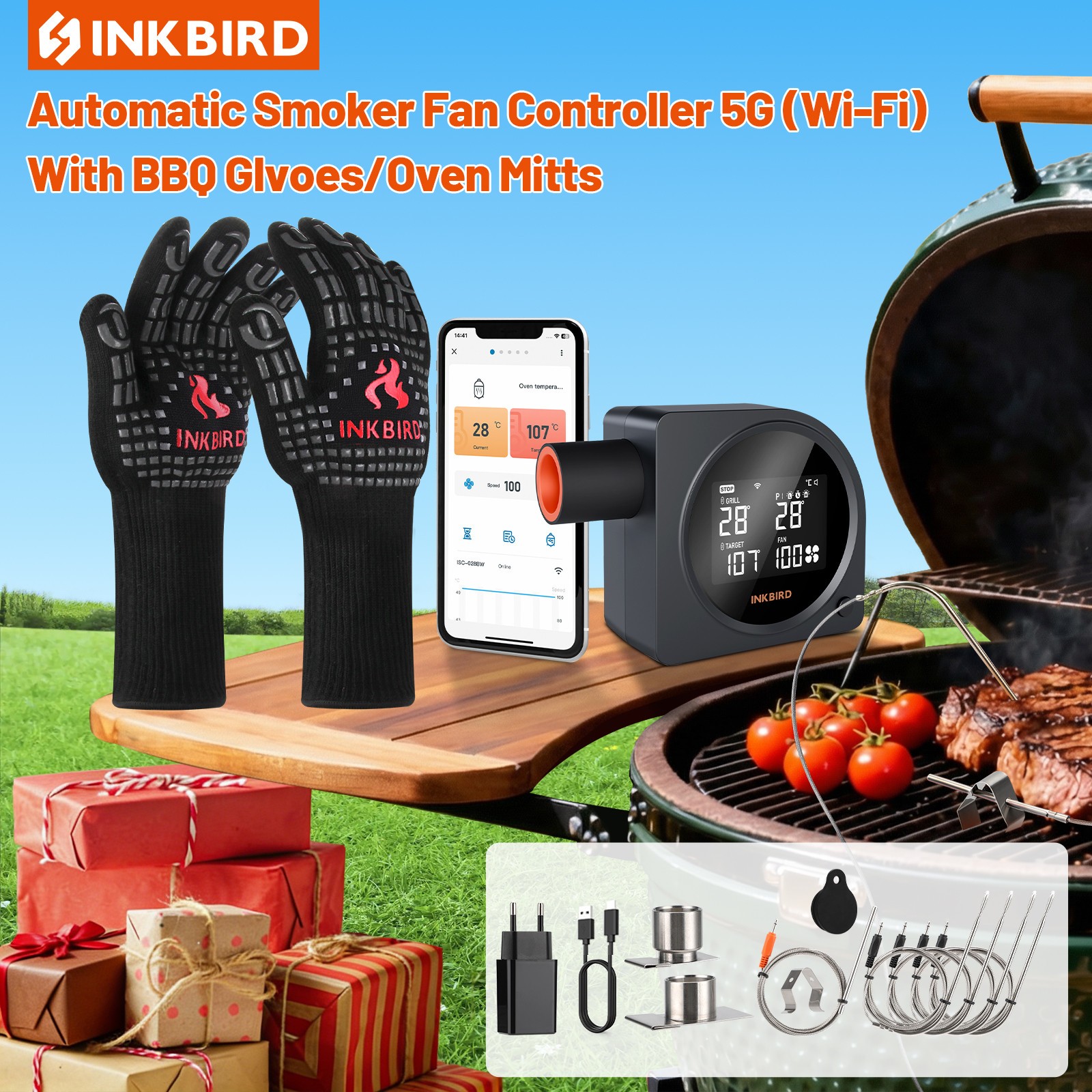 INKBIRD BBQ Temperature Controller WiFi Bluetooth Automatic Smoker Fan Oven Mitt