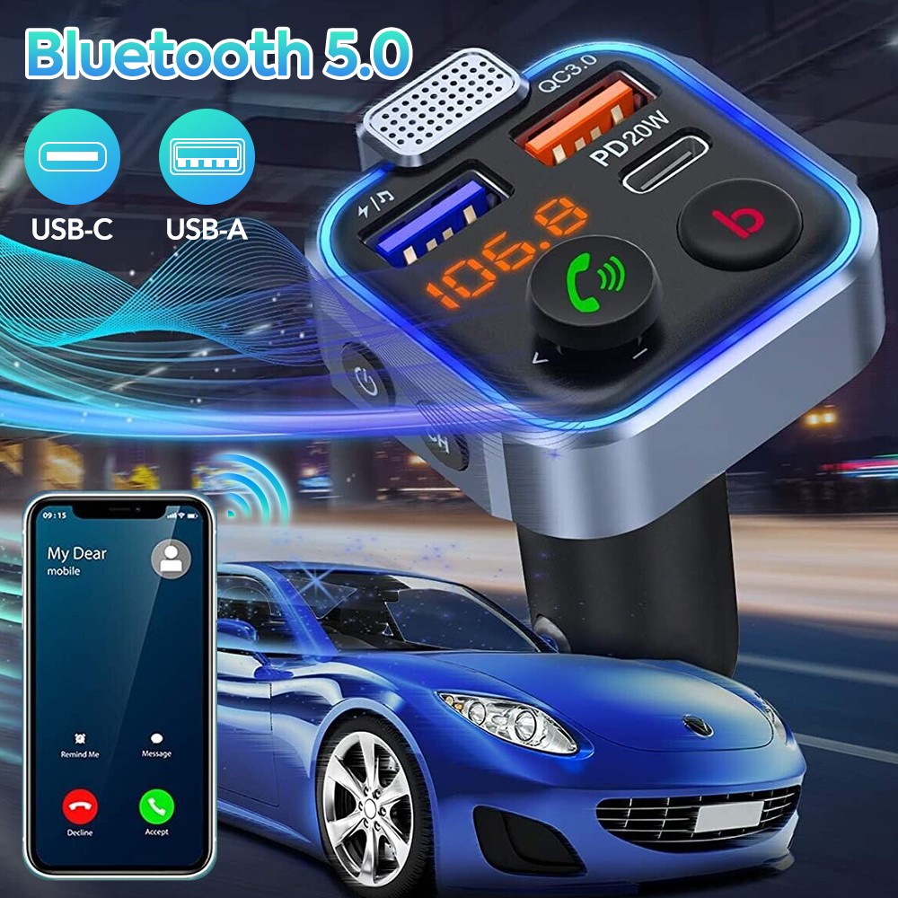 Bluetooth FM Transmitter QC3.0 PD USB-C Car Charger Wireless RGB Backlit Adapter