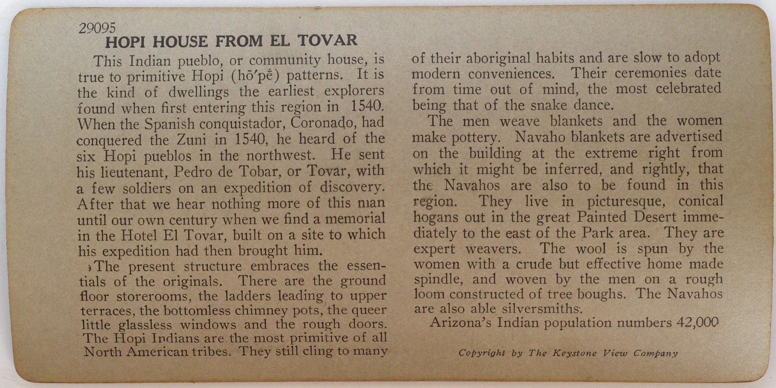 Keystone Stereoview of Hopi Dwellings, Grand Canyon From Scenic America Set #68