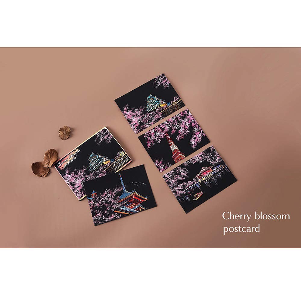 Magic Scratch Art Paper, Mini Envelope Postcard, Building & Cherry Blossom
