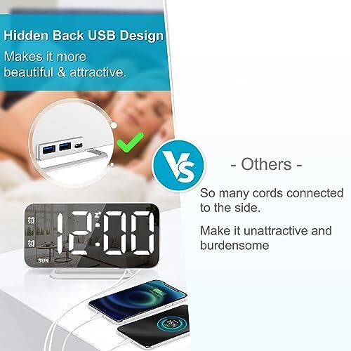 Super Slim LED Digital Alarm Clock Mirror Surface for Makeup with Diming Mode...