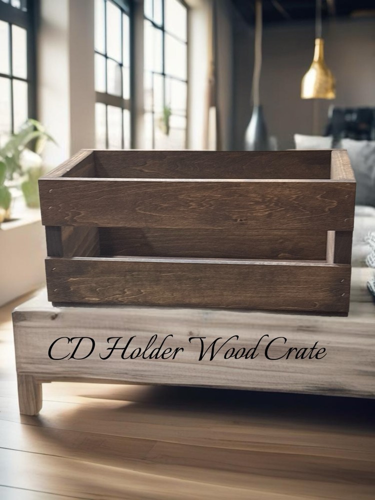 Medium Brown Stained Wooden CD Storage Crate – Rustic Handmade Organizer