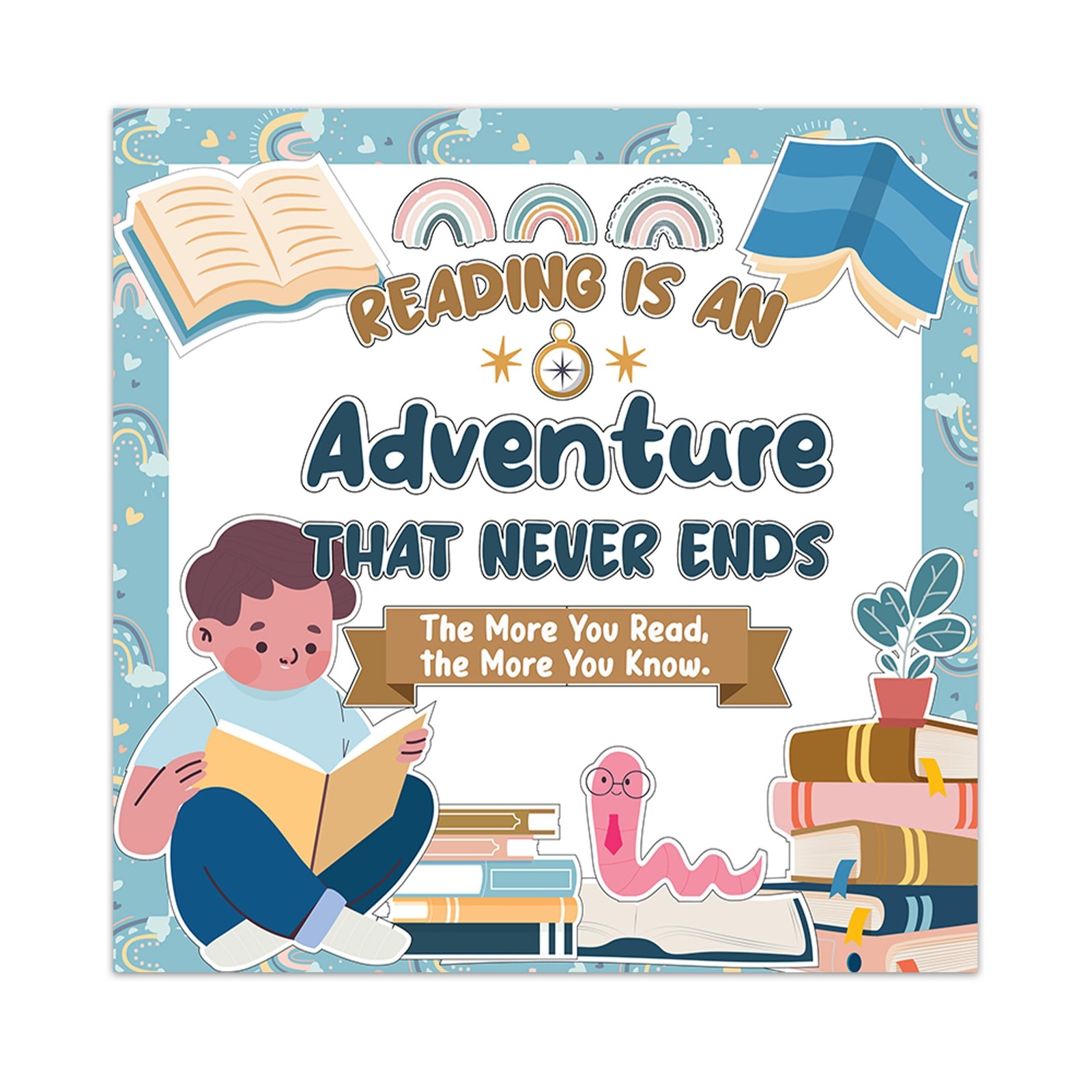 Decorably 45 Pcs Cutouts Rainbow Boho Reading Bulletin Board Reading Sets wit...