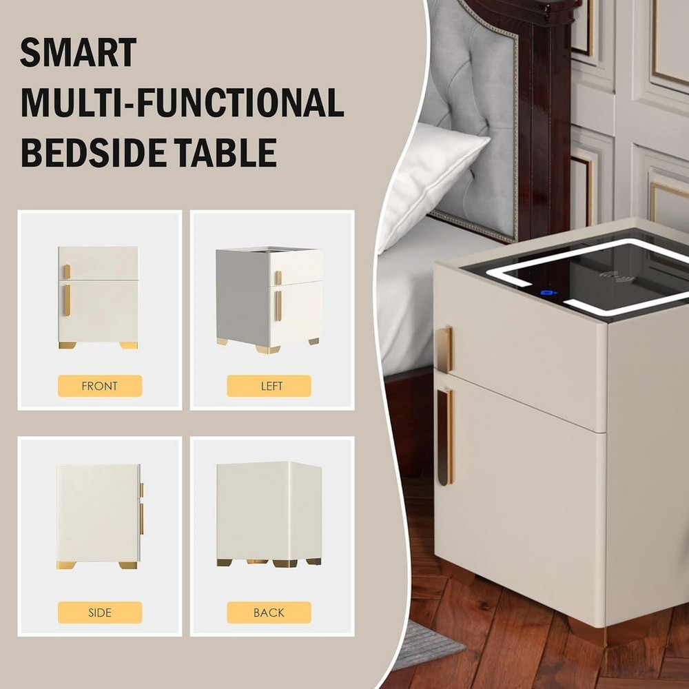 Wireless Charging Smart Nightstand w/3-Color Light Security Safe Lock Box