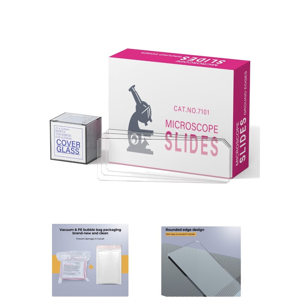 Universal Microscope Slides Set - 50 Pre-Cleaned Slides with 100 Coverslips