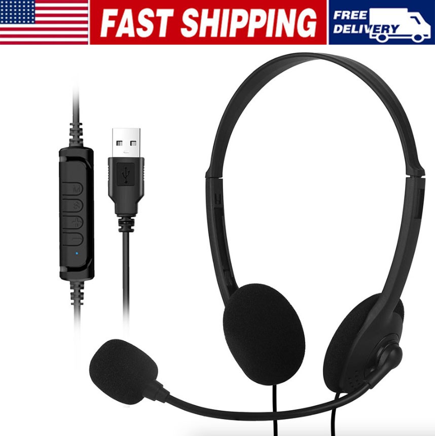 USB Headset Headphone Microphone Noise Cancelling For PC Computer Call Chat