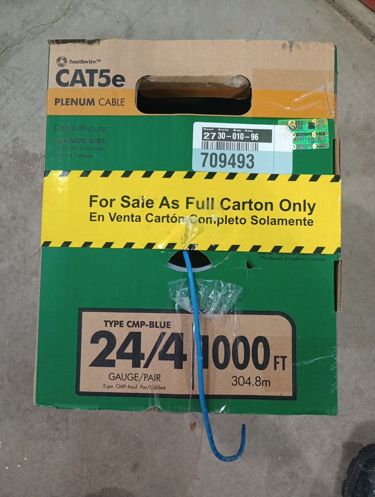 SOUTHWIRE 56917749 1000 ft. Blue 24/4 CAT5e CMP (Plenum) Data Cable
