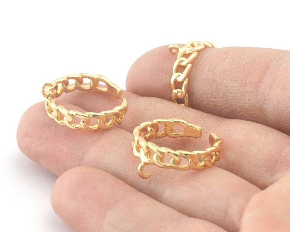 Chain Ring Adjustable Ring with loop - Shiny gold plated brass 5 - 8 US 4303