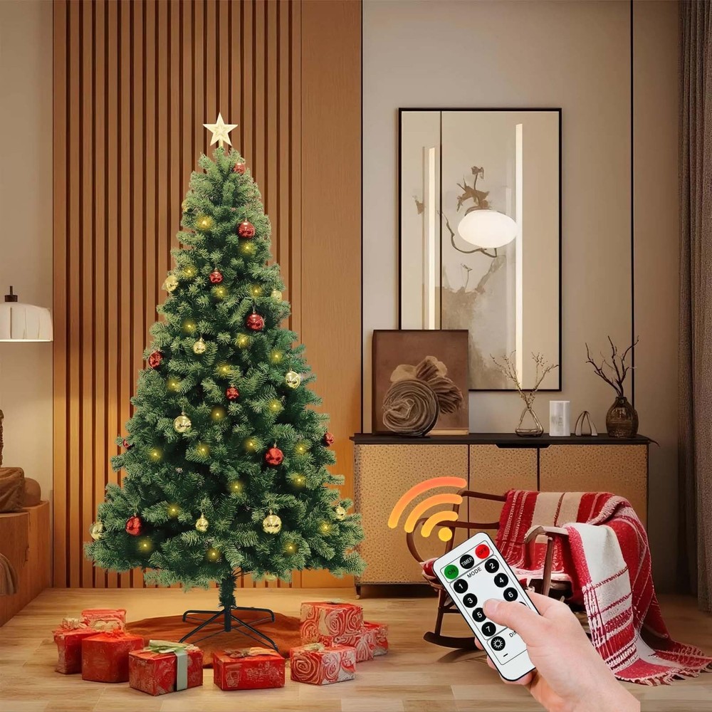 7FT Artificial Christmas Tree with Lights, Premium Hinged Artificial Pine Lighte