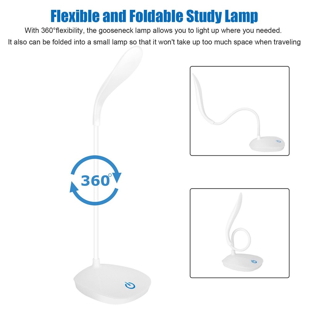 USB LED Desk Light Dimmable Bedside Reading Lamp Rechargeable Touch Control US