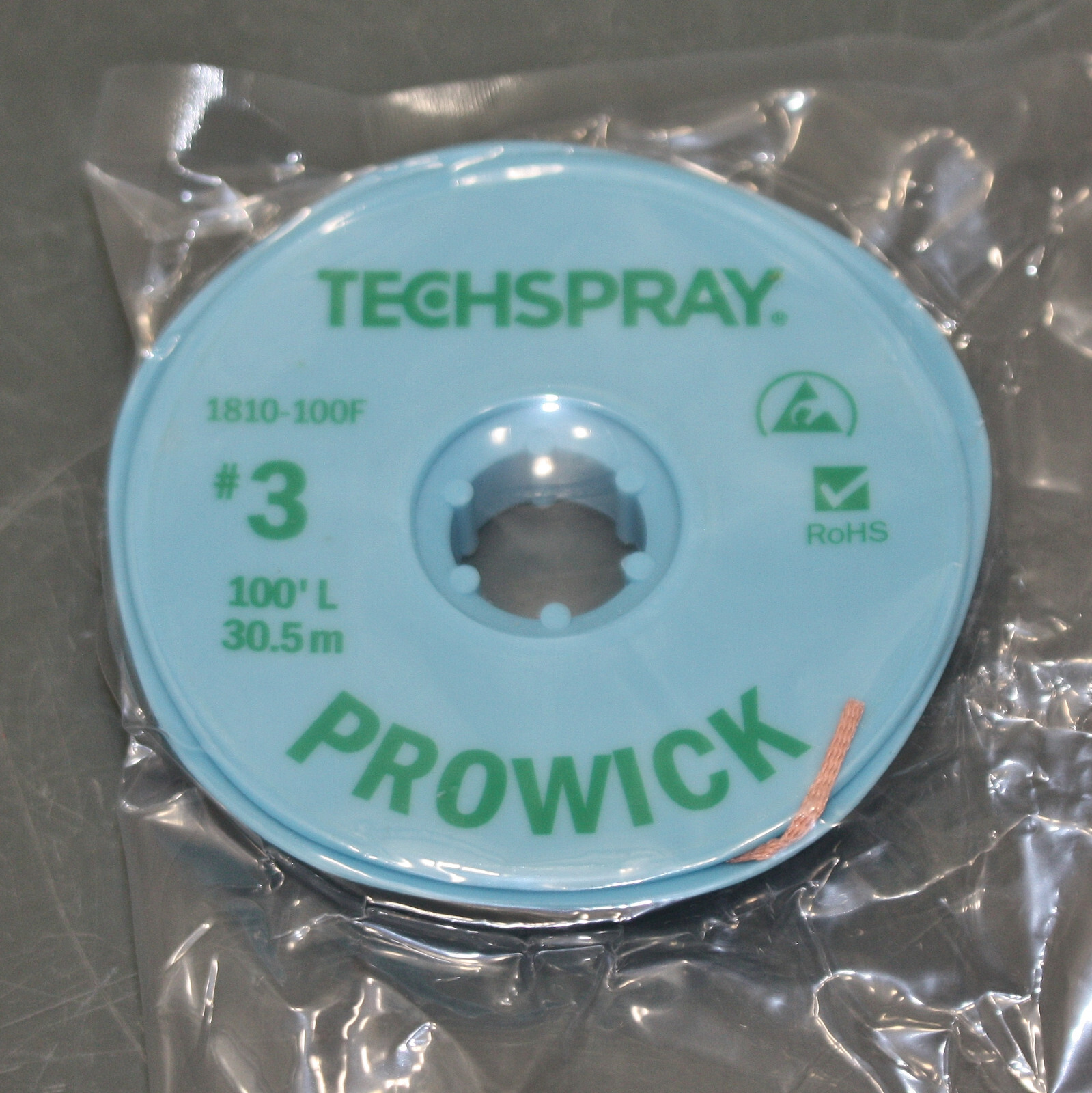 TechSpray ProWick Desoldering Braid 1810-100F, #3 x 100ft, Green, Flux Coated