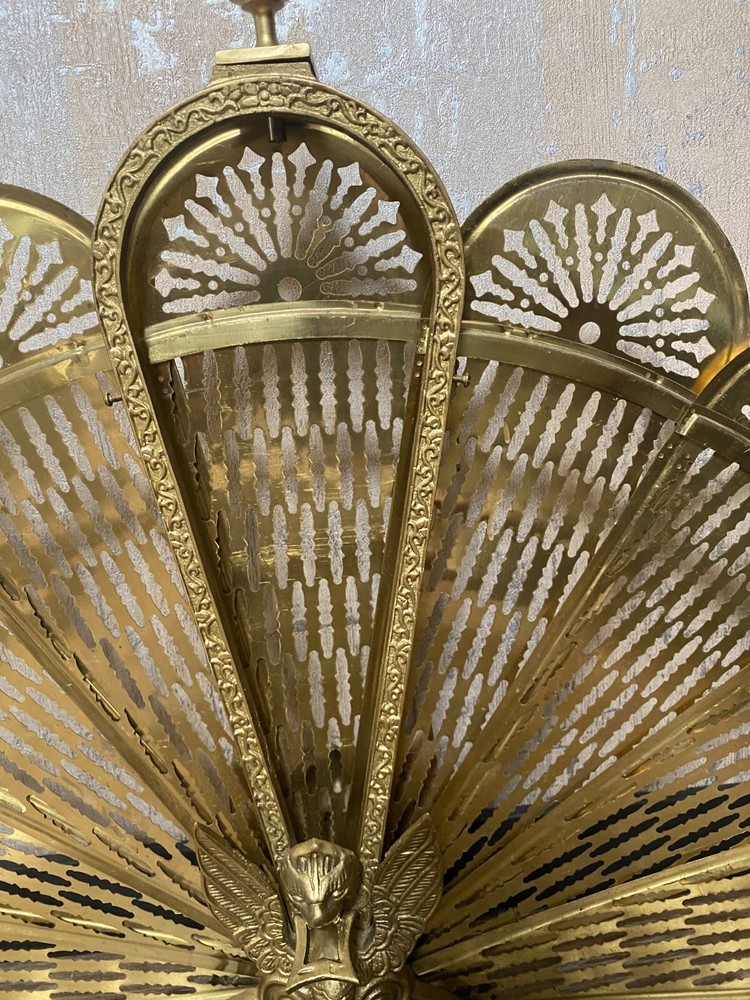 Antique Fire Screen Griffin Peacock Folding Brass Fire Guard