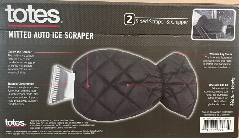 TOTES Black Mitted Ice Scraper 2 Sided Extra Wide Brand New