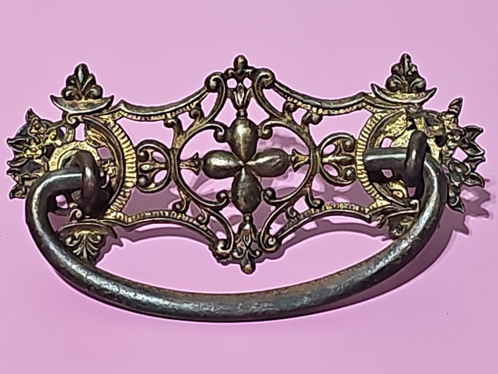 Beautiful Antique Victorian Era Brass Drawer Pulls, KB Co Knobs, Key Back Plates