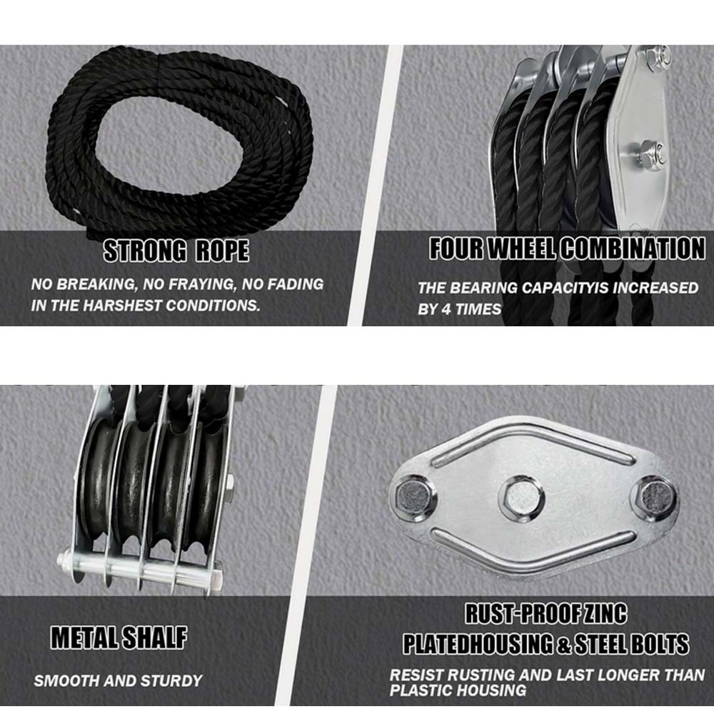 Rope Pulley Hoist 4400 LB 8:1 Lifting Power Pulley Block Tackle System 65FT Rope