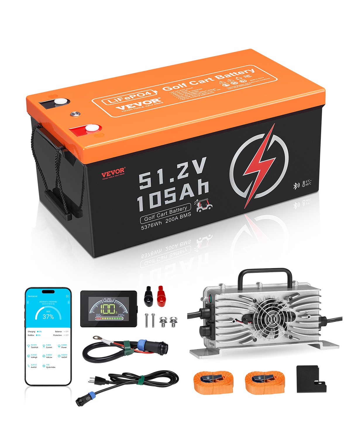 VEVOR 48V 105Ah Golf Cart Lithium Battery 20A Charger LCD Monitor & 4000+ Cycle