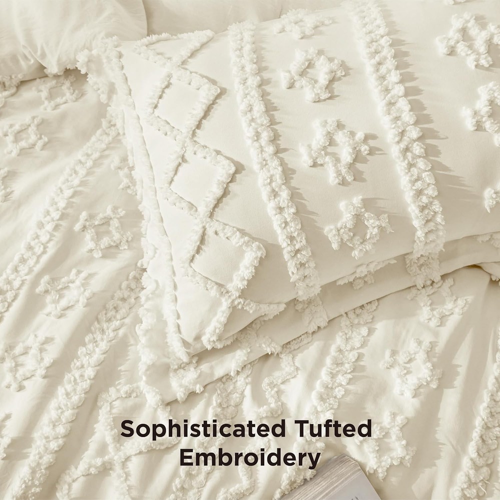 Tufted Boho Comforter Set King Size Ivory Boho Bed Set 3 Pcs