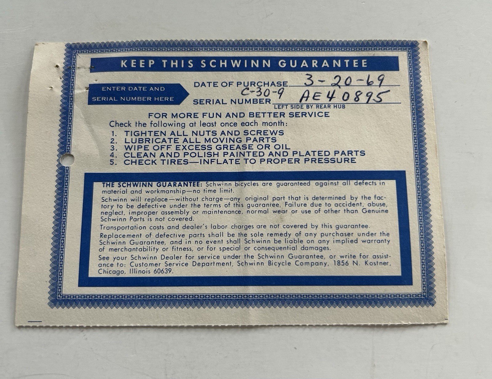 SCHWINN 1969 Pea Picker Bicycle Guarantee Card With Bill Of Sale Receipt