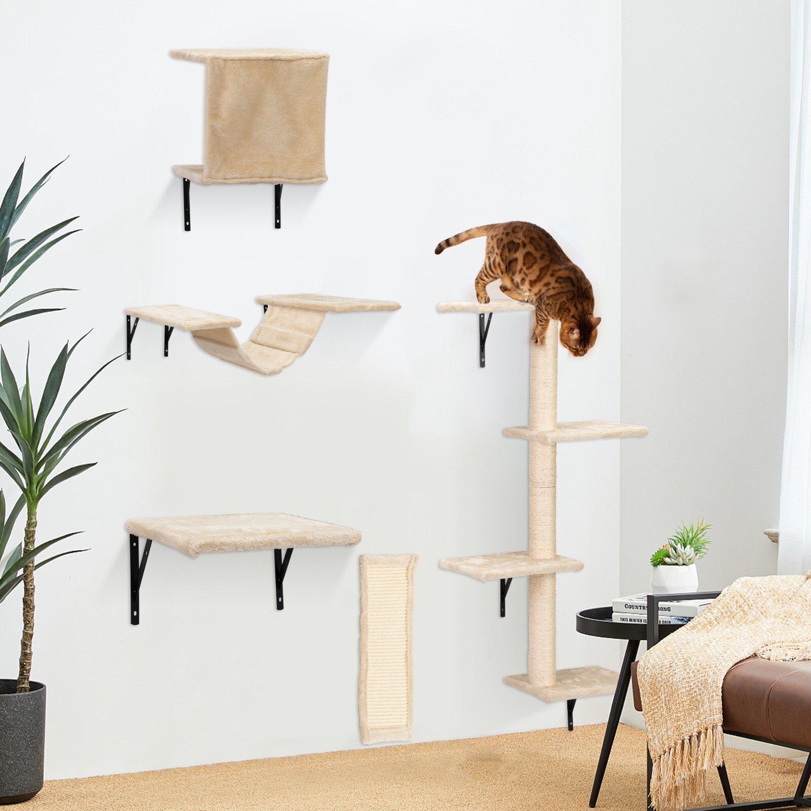 COZIWOW 5 Pcs Wall-Mounted Cat Climber Set Wood Indoor Cat Furniture Cat Shelves