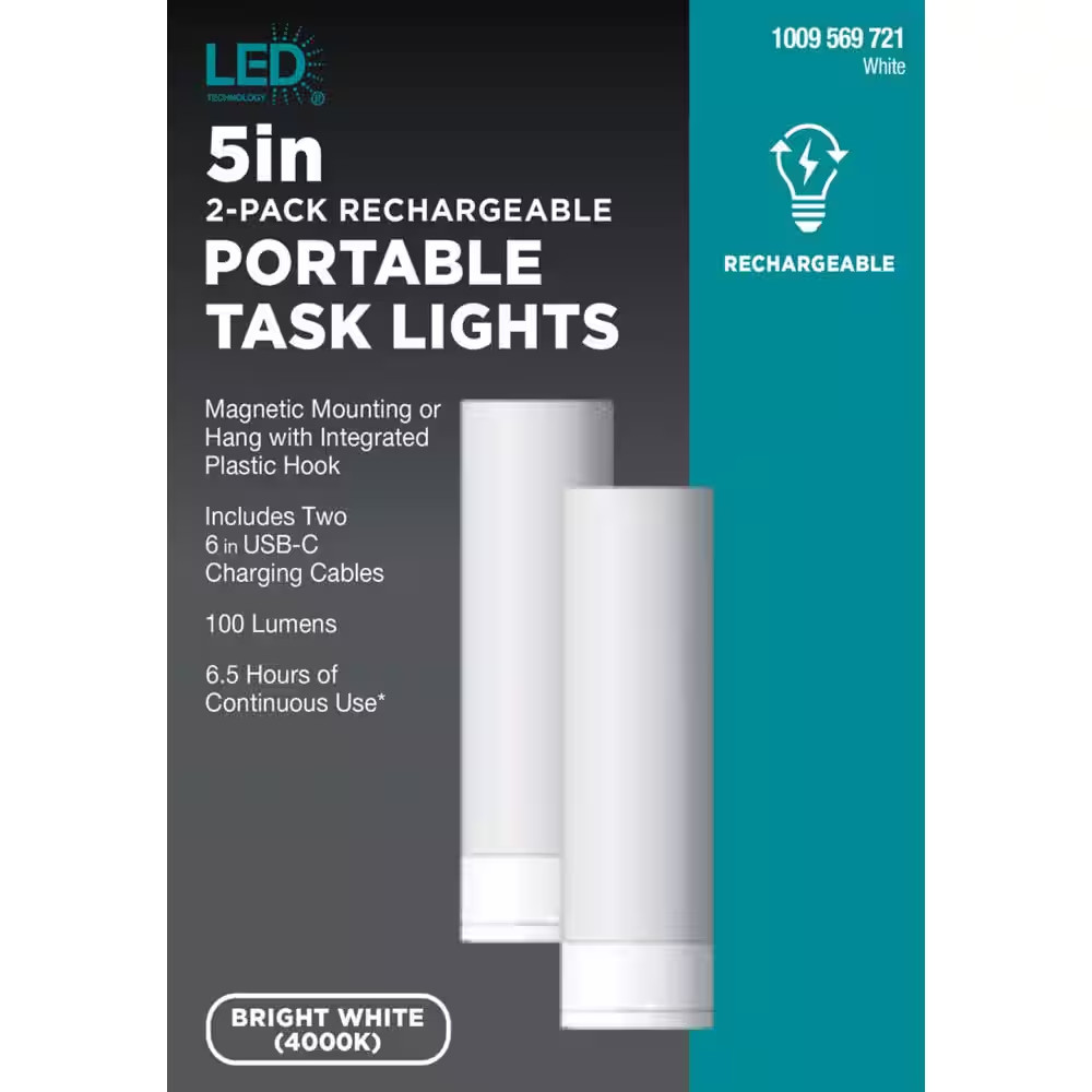 5 In. Rechargeable Battery Dimmable Bright White LED White Portable Task Light (