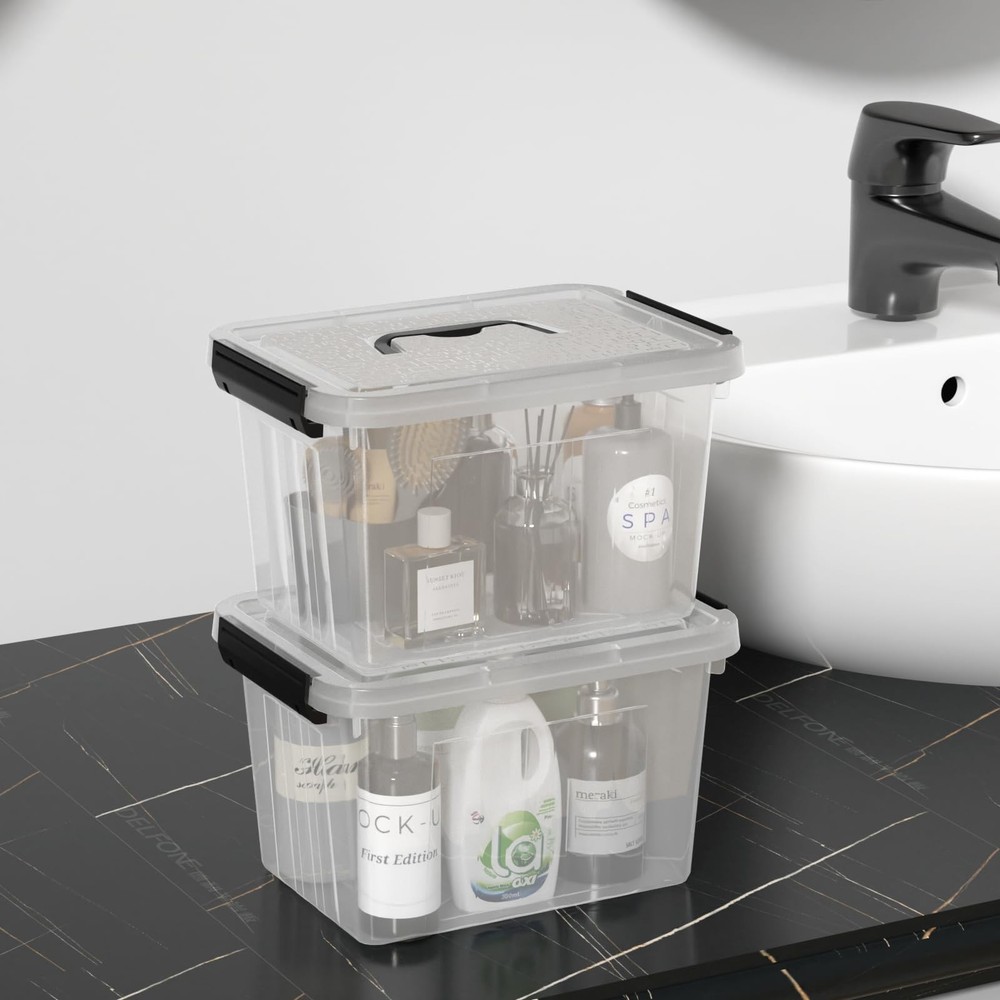 6 Quart Clear Small Storage Boxes with Handles, Plastic Storage Latching Bins...