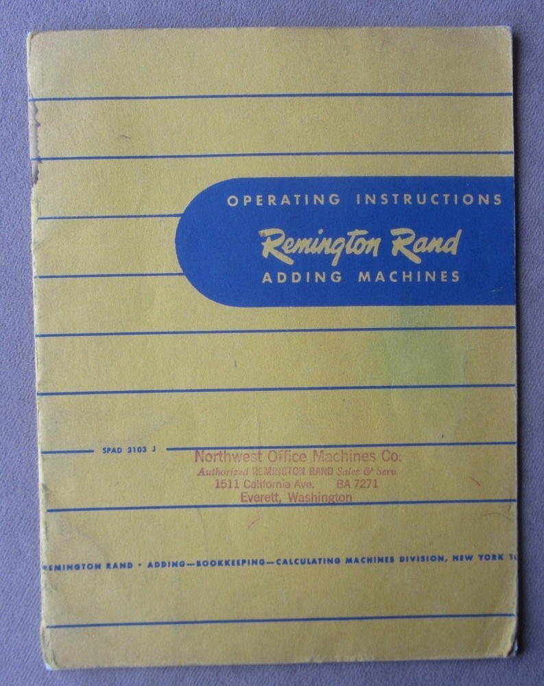 Orig1950 Remington Rand Adding Machine Owner Operating Instructions Users Manual