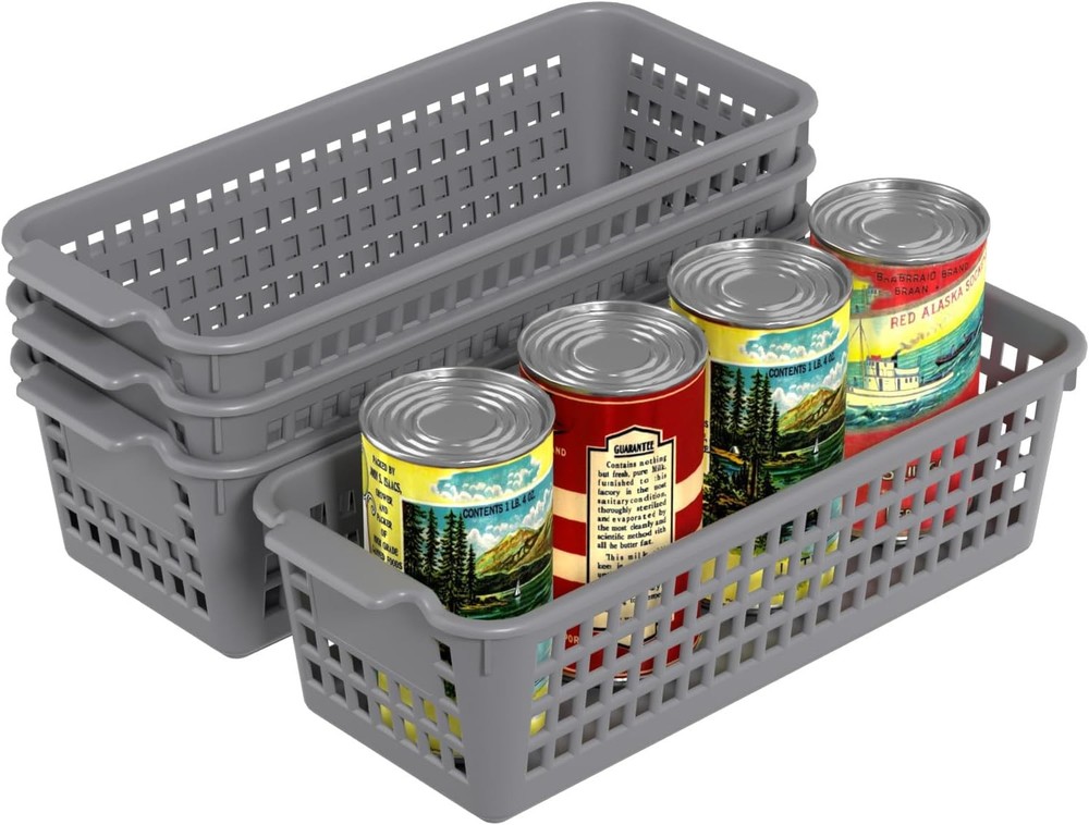 Slim Plastic Storage Baskets, Gray Small Shelf Baskets, 4 Pack